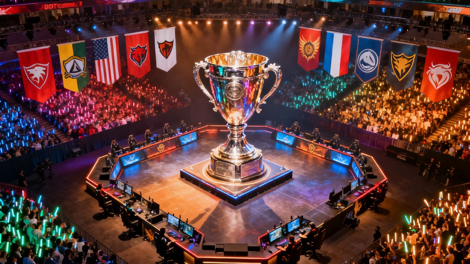 DOTA2国际邀请赛TI主舞台俯瞰画面，舞台中央是巨型奖杯，四周环绕着各参赛战队的国旗与队标，观众挥舞荧光棒形成壮观光海